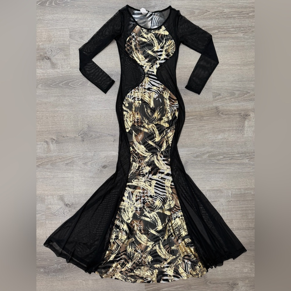 Cleo Black and Gold Maxi Long Sleeve Dress
